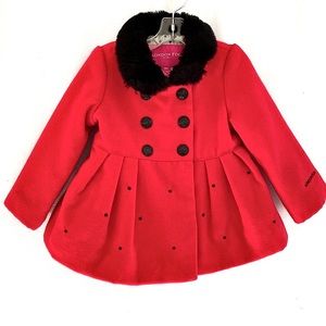London Fog Red Winter Coat w Black Faux Fur Collar Baby Girls Size 18 months